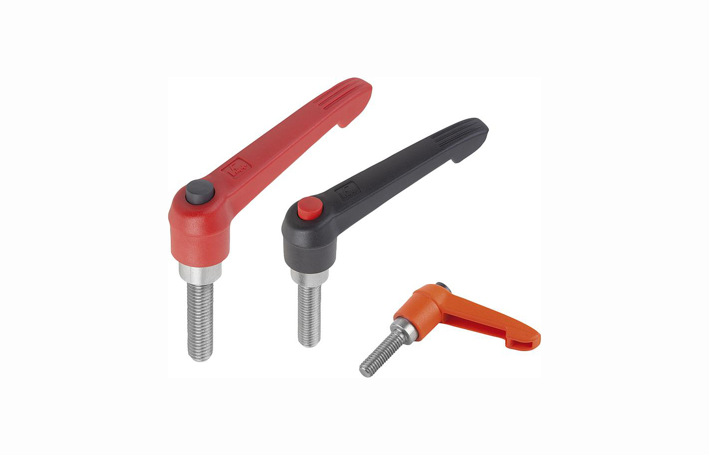 K0270 Clamping levers with push button, external thread, metal parts stainless steel