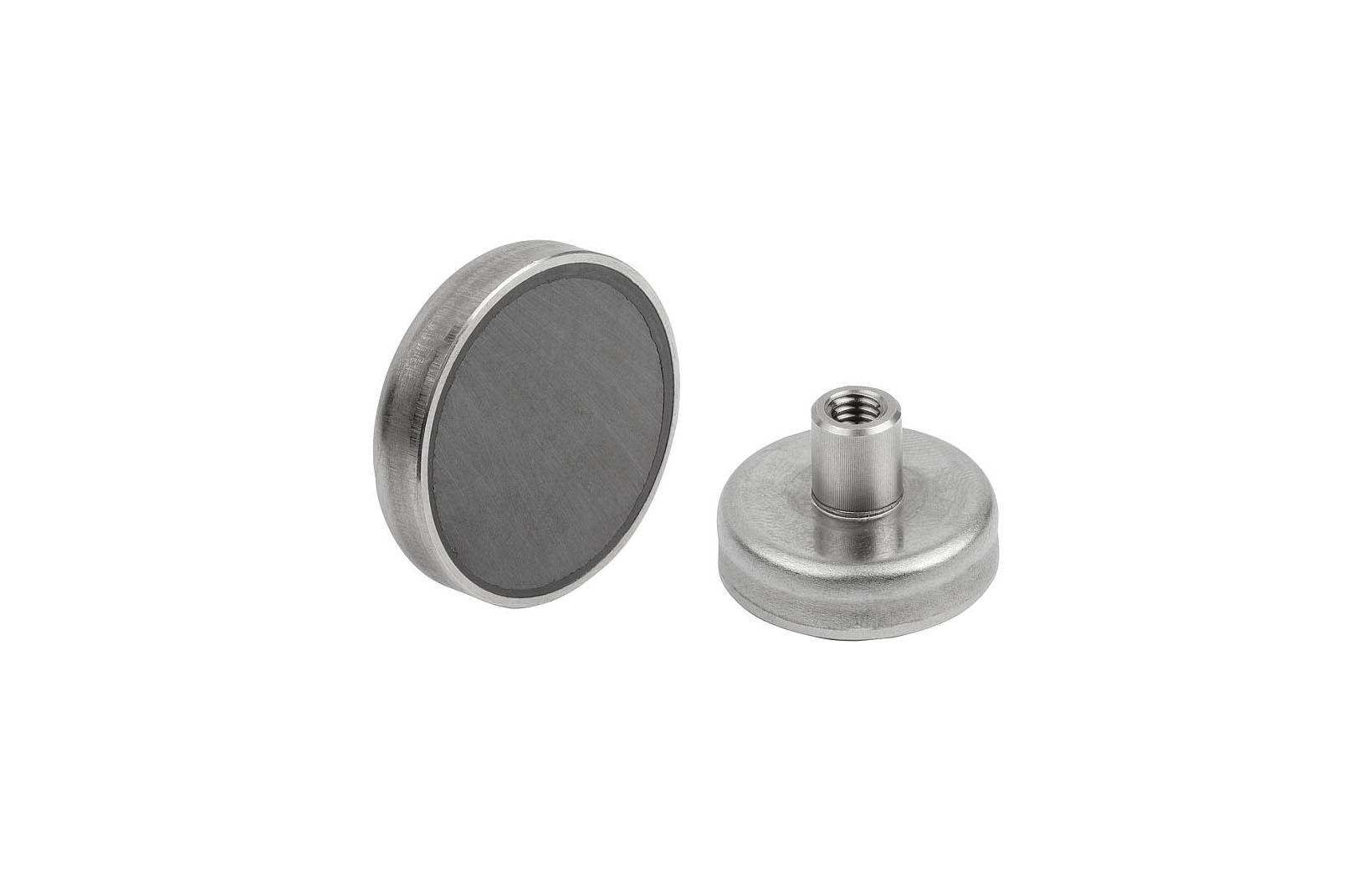 K1400_Shallow pot magnets with internal thread hard ferrite with stainlesssteel housing