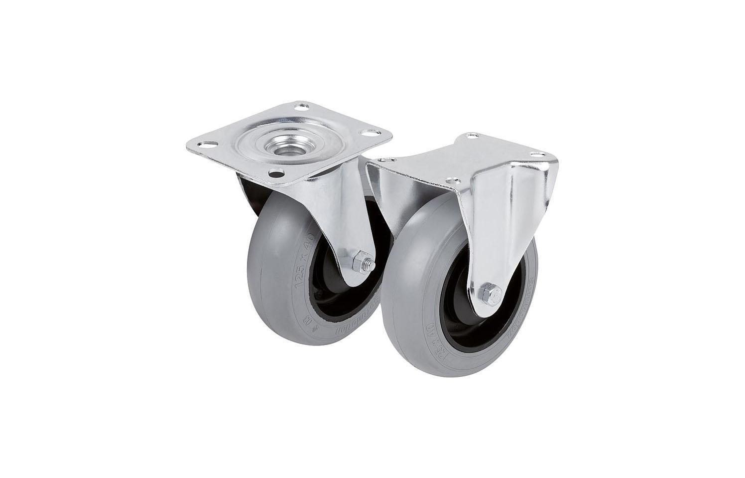 K1766_Steel plate swivel and fixed castors with soft rubber tyres